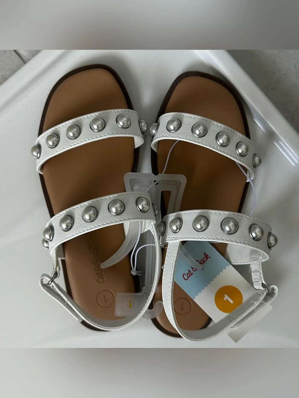 Cat & Jack White Pearl-Stud Girls' Strappy Sandals Size 1
